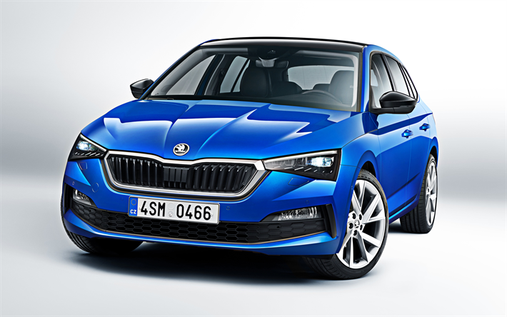 Skoda Scala, 2019, 4k, framifr&#229;n, halvkombi bl&#229;, new blue Scala, Tjeckiska bilar, Skoda