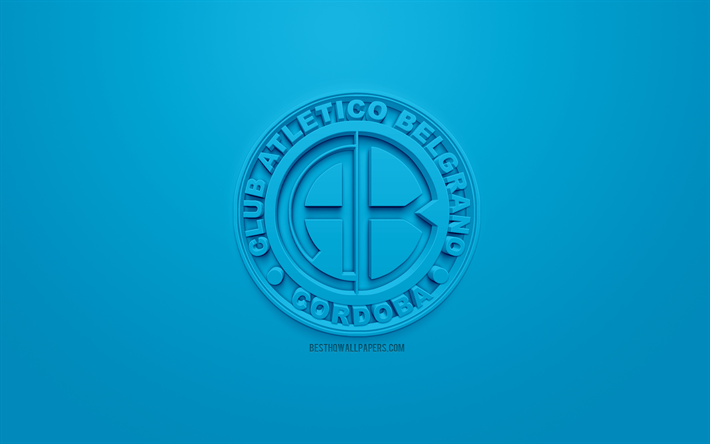 Club Atletico Belgrano, creative 3D logo, blue background, 3d emblem, Argentinean football club, Superliga Argentina, Cordoba, Argentina, 3d art, Primera Division, football, First Division, stylish 3d logo, Belgrano FC