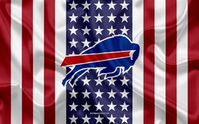 Buffalo Bills, 4k, logotyp, emblem, siden konsistens, Amerikanska flaggan, Amerikansk football club, NFL, Buffalo, New York, USA, National Football League, amerikansk fotboll, silk flag