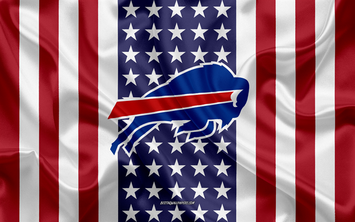 Buffalo Bills, 4k, logo, stemma, seta, trama, bandiera Americana, club di football Americano, NFL, Buffalo, New York, stati UNITI, Lega Nazionale di Football americano, football americano, bandiera di seta