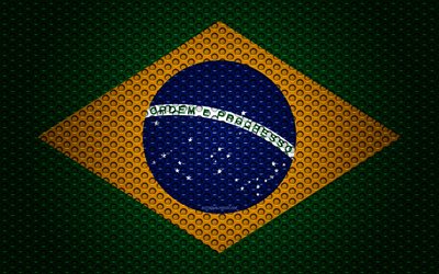 フラグのブラジル, 4k, 【クリエイティブ-アート, 金属メッシュの質感, ブラジルの国旗, 国立シンボル, ブラジル, 南米, 旗が南米諸国