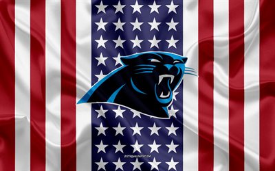 Carolina Panthers, 4k, logotipo, emblema, de seda, de textura, de la bandera Americana, American club de f&#250;tbol de la NFL, Charlotte, Carolina del Norte, estados UNIDOS, la Liga Nacional de F&#250;tbol americano, f&#250;tbol americano, bandera de sed