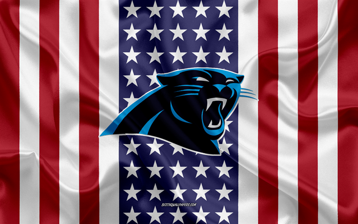 Carolina Panthers, 4k, logo, tunnus, silkki tekstuuri, Amerikan lippu, American football club, NFL, Charlotte, Pohjois-Carolina, USA, National Football League, amerikkalainen jalkapallo, silkki lippu