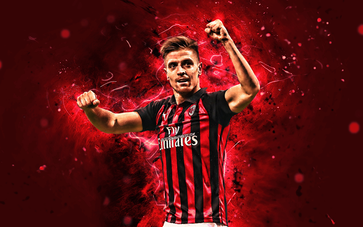 Krzysztof Piatek, 4k, joy, AC Milan, polish footballers, soccer, Serie A, Piatek, Rossoneri, football, neon lights, Milan FC, Italy, Piatek Milan