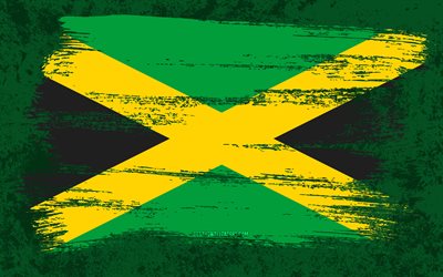 4k, Flag of Jamaica, grunge flags, North American countries, national symbols, brush stroke, Jamaican flag, grunge art, Jamaica flag, North America, Jamaica