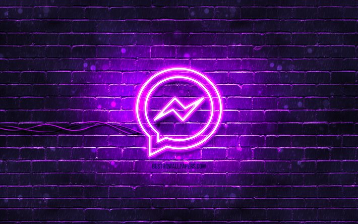 facebook messenger violett logo, 4k, violett ziegelwand, facebook messenger logo, messenger, facebook messenger neon-logo, facebook messenger