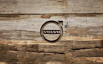 Logo Volvo in legno, 4K, sfondi in legno, marchi di auto, logo Volvo, creativo, intaglio del legno, Volvo