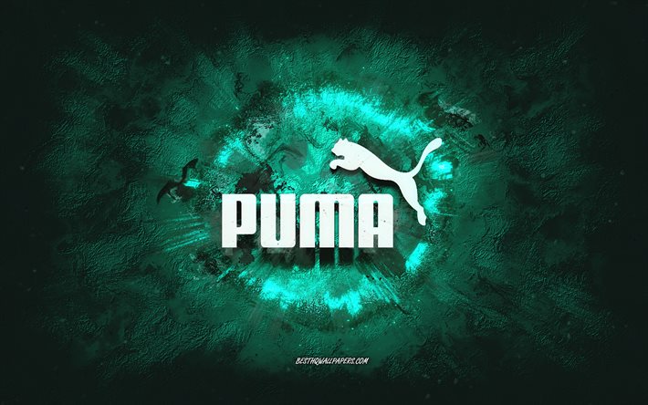 Logo Puma, art grunge, fond en pierre turquoise, logo blanc Puma, Puma, art cr&#233;atif, logo grunge Puma turquoise