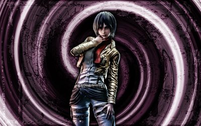 4k, Mikasa Ackerman, purple grunge background, Attack on Titan, manga, deuteragonists, vortex, Mikasa Akkaman, Mikasa Ackerman 4K