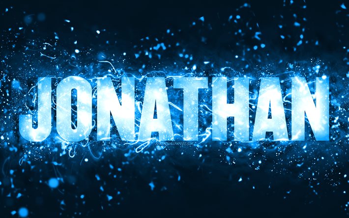 Joyeux anniversaire Jonathan, 4k, n&#233;ons bleus, nom Jonathan, cr&#233;atif, Jonathan Happy Birthday, Jonathan Birthday, noms masculins am&#233;ricains populaires, image avec le nom de Jonathan, Jonathan