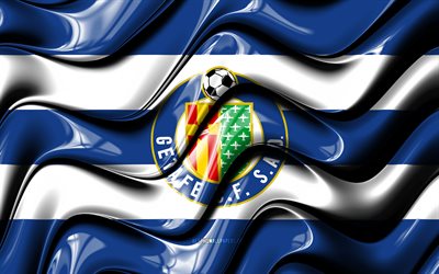 Getafe lippu, 4k, sininen ja valkoinen 3D-aallot, LaLiga, espanjalainen jalkapalloseura, Getafe FC, jalkapallo, Getafe logo, La Liga, Getafe CF