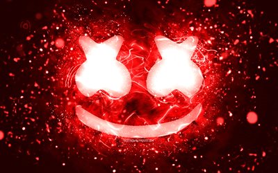 Marshmello punainen logo, 4k, Christopher Comstock, punaiset neonvalot, luova, punainen abstrakti tausta, DJ Marshmello, Marshmello logo, American DJs, Marshmello