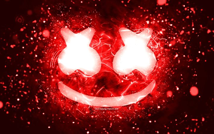 marshmello rotes logo, 4k, christopher comstock, rote neonlichter, kreativ, rot abstrakte hintergrund, dj marshmello, marshmello logo, amerikanische djs, marshmello