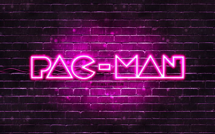 Pac-Man lila logotyp, 4k, lila tegelv&#228;gg, Pac-Man logotyp, Pac-Man neon logotyp, Pac-Man