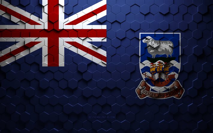 Bandeira das Ilhas Malvinas, arte do favo de mel, bandeira dos hex&#225;gonos das Ilhas Malvinas, Ilhas Malvinas, arte dos hex&#225;gonos 3D, bandeira das Ilhas Malvinas