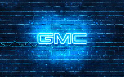 Logo blu GMC, 4k, muro di mattoni blu, logo GMC, marchi di automobili, logo al neon GMC, GMC
