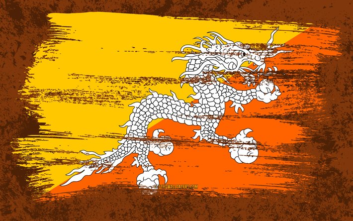 4k, Flag of Bhutan, grunge flags, Asian countries, national symbols, brush stroke, grunge art, Bhutan flag, Asia, Bhutan