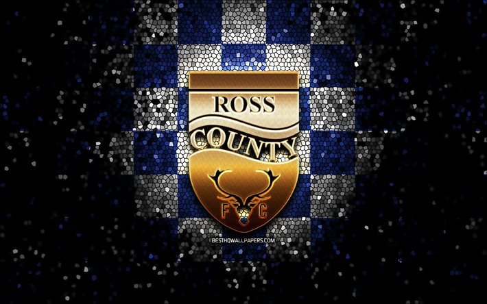 Ross County FC, logo de paillettes, Premiership &#233;cossaise, fond damier blanc bleu, football, club de football &#233;cossais, logo du comt&#233; de Ross, art de la mosa&#239;que, FC Ross County