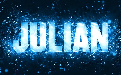 Feliz Anivers&#225;rio Julian, 4k, luzes de n&#233;on azuis, nome Julian, criativo, Julian Feliz Anivers&#225;rio, Julian Birthday, nomes populares americanos masculinos, foto com o nome Julian, Julian
