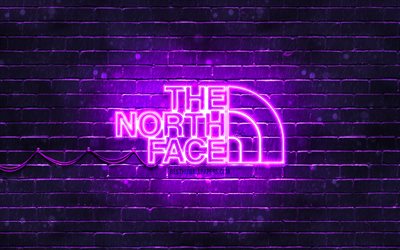 The North Face violetti logo, 4k, violetti tiilisein&#228;, The North Face -logo, tuotemerkit, The North Face neon-logo, The North Face
