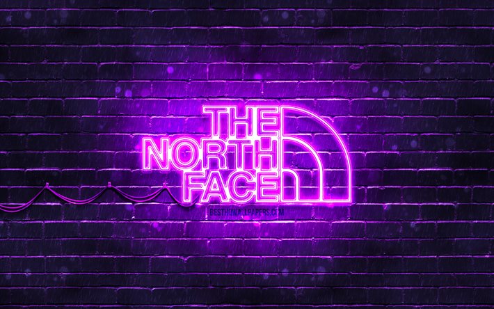 The North Face violetti logo, 4k, violetti tiilisein&#228;, The North Face -logo, tuotemerkit, The North Face neon-logo, The North Face