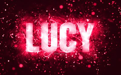 誕生日おめでとう, 4k, ピンクのネオンライト, ルーシー名, creative クリエイティブ, ルーシーの誕生日, 人気のアメリカ人女性の名前, ルーシーの名前の写真, ルーシー