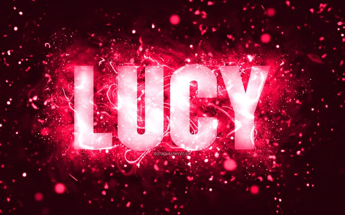 Feliz Anivers&#225;rio Lucy, 4k, luzes de n&#233;on rosa, nome Lucy, criativo, Lucy Feliz Anivers&#225;rio, Lucy Birthday, nomes femininos populares americanos, foto com o nome Lucy, Lucy