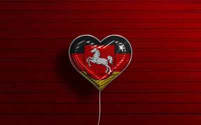 I Love Lower Saxony, 4k, realistic balloons, red wooden background, States of Germany, Lower Saxony flag heart, flag of Lower Saxony, balloon with flag, German states, Love Lower Saxony, Germany