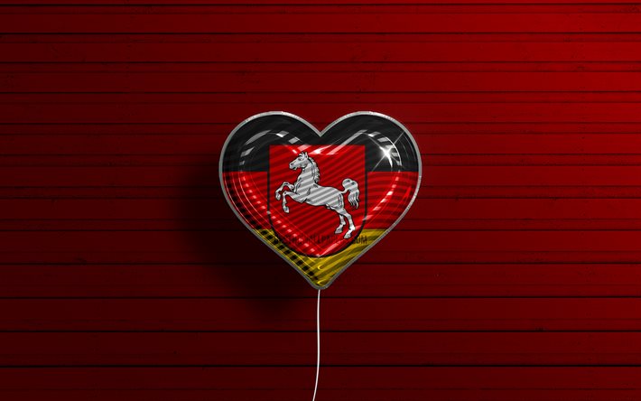 I Love Lower Saxony, 4k, realistic balloons, red wooden background, States of Germany, Lower Saxony flag heart, flag of Lower Saxony, balloon with flag, German states, Love Lower Saxony, Germany