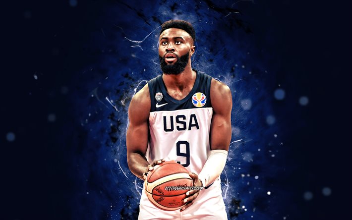 Jaylen Brown, 4k, Sele&#231;&#227;o masculina de basquete dos EUA, luzes de n&#233;on azuis, Jaylen Marselles Brown, basquete, equipe nacional masculina de basquete dos EUA, criativo, Jaylen Brown 4K