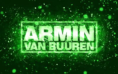 Armin van Buuren logo vert, 4k, DJ n&#233;erlandais, n&#233;ons verts, cr&#233;atif, fond abstrait vert, logo Armin van Buuren, stars de la musique, Armin van Buuren
