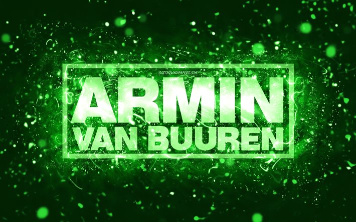Armin van Buuren logo verde, 4k, DJ olandesi, luci al neon verdi, creativo, sfondo astratto verde, logo Armin van Buuren, star della musica, Armin van Buuren