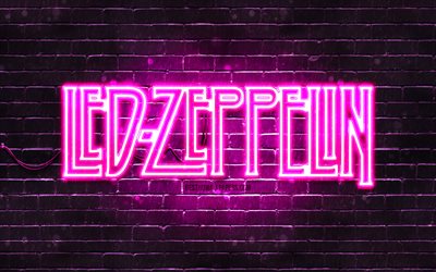 Led Zeppelin purple logo, 4k, purple brickwall, british rock band, Led Zeppelin logo, music stars, Led Zeppelin neon logo, Led Zeppelin