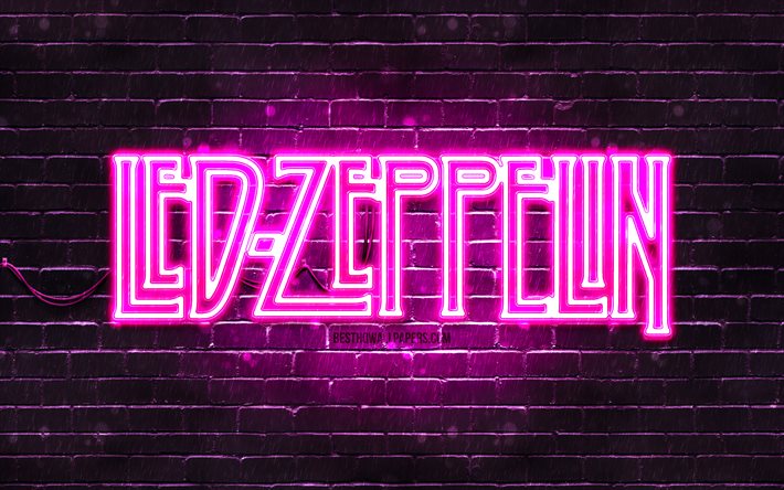 レッドツェッペリンパープルロゴ, 4k, 紫のレンガの壁, ブリティッシュロックバンド, レッド・ツェッペリン, 音楽スター, レッドツェッペリンネオンロゴ