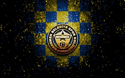 Menemenspor FC, logo glitter, 1 Lig, sfondo blu a scacchi giallo, calcio, squadra di calcio turca, logo Menemenspor, arte del mosaico, TFF First League, Menemen Belediyespor