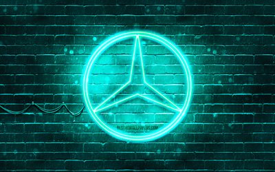 Mercedes-Benz turkuaz logo, 4k, turkuaz tuğla duvar, Mercedes-Benz logosu, araba markaları, Mercedes logosu, Mercedes-Benz neon logo, Mercedes-Benz