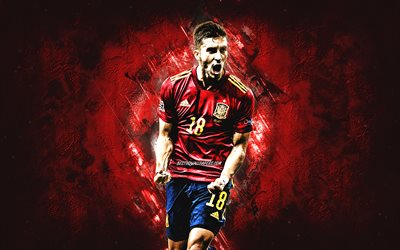 Ferran Torres, sele&#231;&#227;o espanhola de futebol, jogador de futebol espanhol, retrato, fundo de pedra vermelha, Espanha, futebol