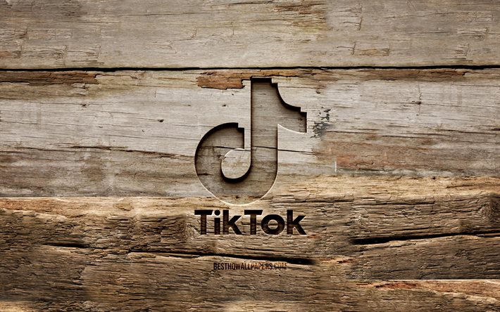 TikTok wooden logo, 4K, wooden backgrounds, social network, TikTok logo, creative, wood carving, TikTok
