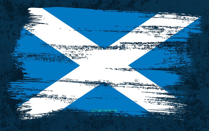 4k, Flag of Scotland, grunge flags, European countries, national symbols, brush stroke, Scottish flag, grunge art, Scotland flag, Europe, Scotland