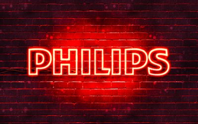 Philips red logo, 4k, red brickwall, Philips logo, brands, Philips neon logo, Philips