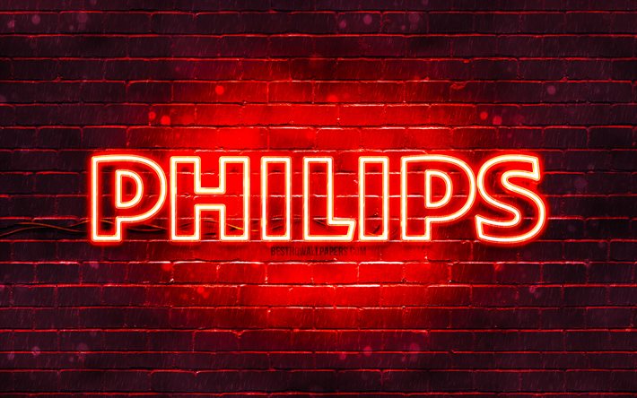 Logo rouge Philips, 4k, mur de brique rouge, logo Philips, marques, logo n&#233;on Philips, Philips