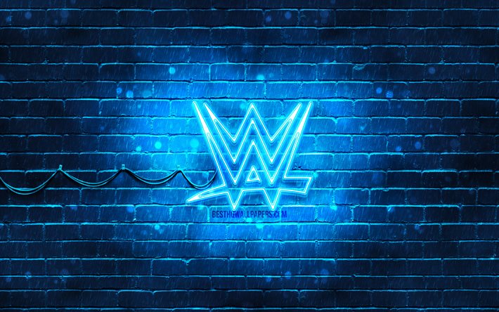 WWE blue logo, 4k, blue brickwall, World Wrestling Entertainment, WWE logo, brands, WWE neon logo, WWE