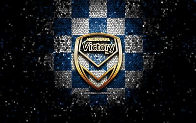 Melbourne Victory FC, logo glitter, A-League, sfondo a scacchi nero blu, calcio, squadra di calcio australiana, logo Melbourne Victory, Australia, arte del mosaico, FC Melbourne Victory