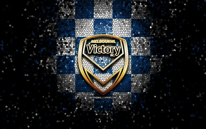 melbourne victory fc, glitzer-logo, a-league, blau-schwarz karierter hintergrund, fu&#223;ball, australischer fu&#223;ballverein, melbourne victory-logo, australien, mosaikkunst, fc melbourne victory