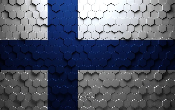 Drapeau de la Finlande, art en nid d&#39;abeille, drapeau des hexagones de la Finlande, Finlande, art des hexagones 3d, drapeau de la Finlande
