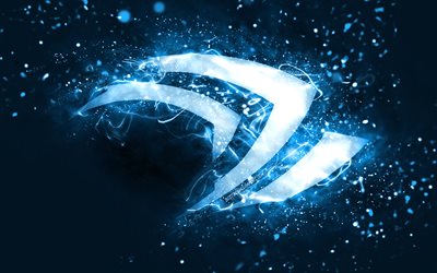 Logo blu Nvidia, 4k, luci al neon blu, creativo, sfondo astratto blu, logo Nvidia, marchi, Nvidia