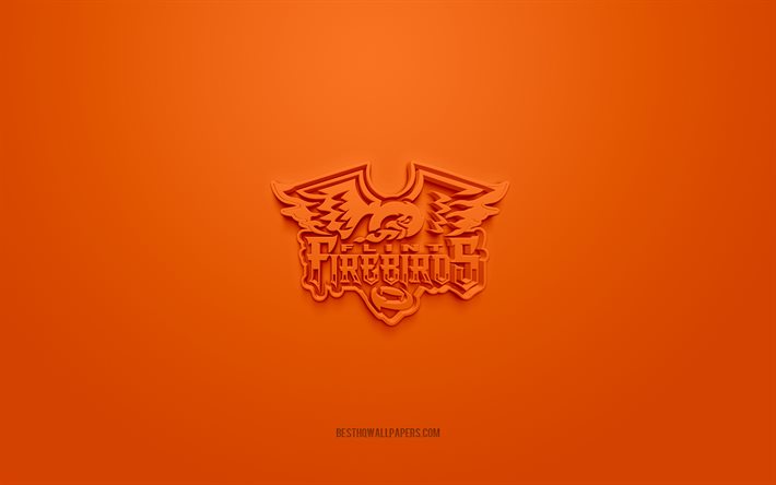 flint firebirds, kreatives 3d-logo, orange hintergrund, ohl, 3d-emblem, american hockey team, ontario hockey league, flint, michigan, usa, kanada, 3d-kunst, hockey, flint firebirds 3d-logo