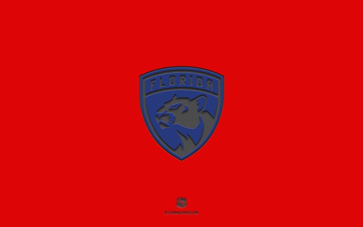 Florida Panthers, punainen tausta, amerikkalainen j&#228;&#228;kiekkojoukkue, Florida Panthers -tunnus, NHL, USA, j&#228;&#228;kiekko, Florida Panthers -logo