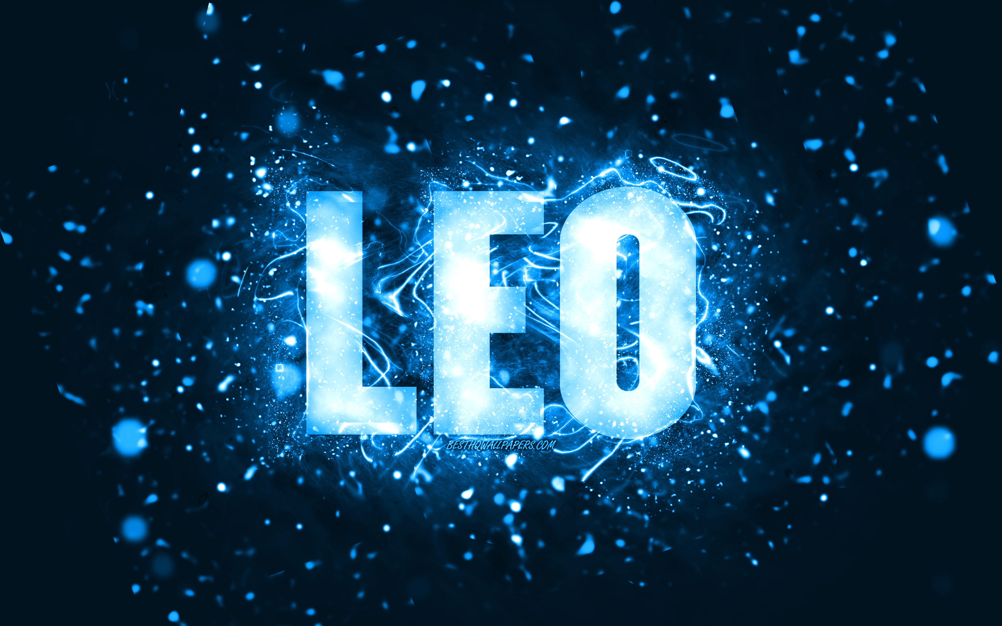 Descargar fondos de pantalla Joyeux anniversaire Leo, 4k, néons bleus, nom  de Leo, créatif, Leo joyeux anniversaire, anniversaire de Leo, noms  masculins américains populaires, photo avec le nom de Leo, Leo monitor
