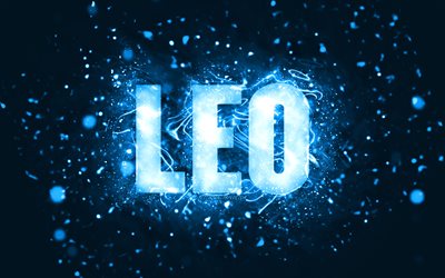 Feliz anivers&#225;rio Leo, 4k, luzes de n&#233;on azuis, nome de Leo, criativo, Feliz anivers&#225;rio de Leo, Anivers&#225;rio de Leo, nomes masculinos americanos populares, foto com o nome de Leo, Leo